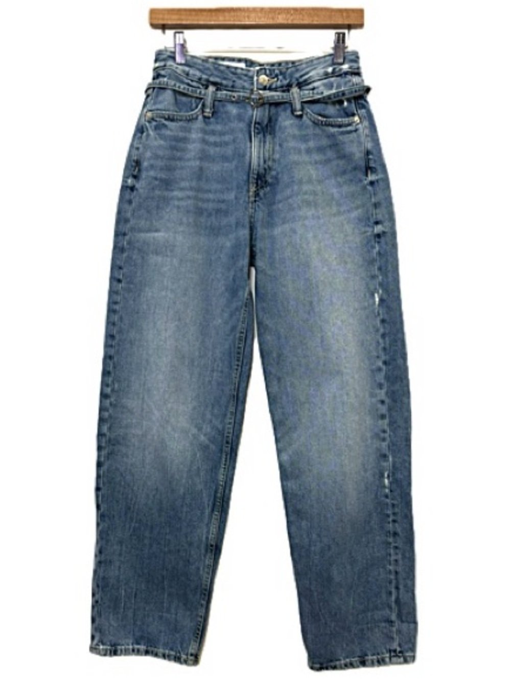 Zara Barrel Leg Jeans Womens Size 2 High Rise Belted Medium Wash Full Length